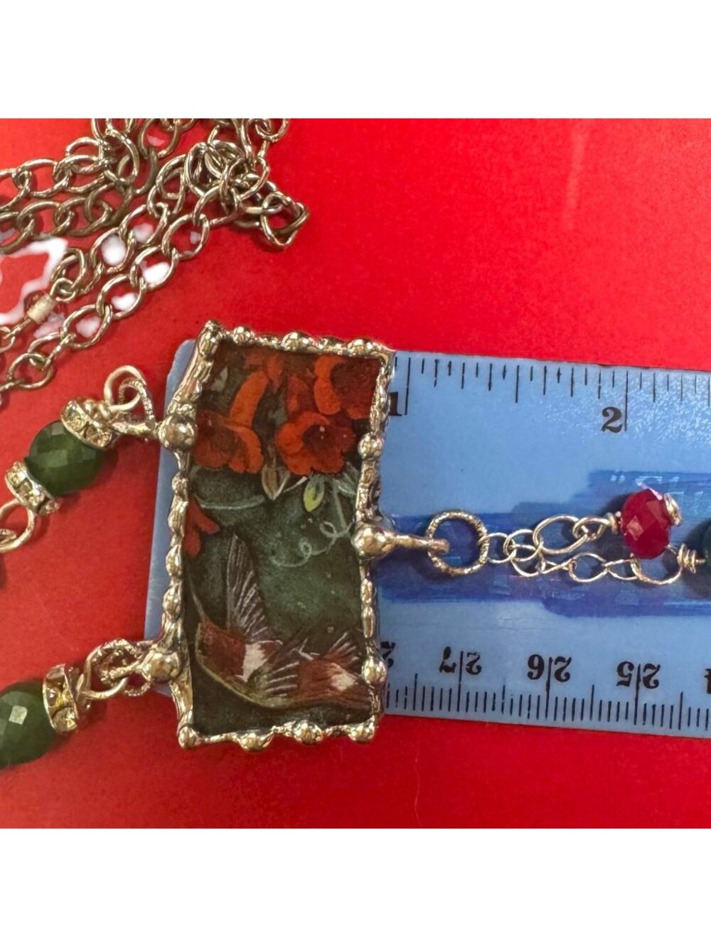 Lena Liu Hummingbird Broken China Pendant  Bezel Red & Green Quartz Necklace - Picture 10 of 14